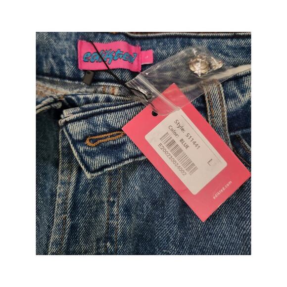 Edikted Jeans Women's Size L Blue Raquel Folded Distressed Straight Mid-Rise NWT - Picture 9 of 9